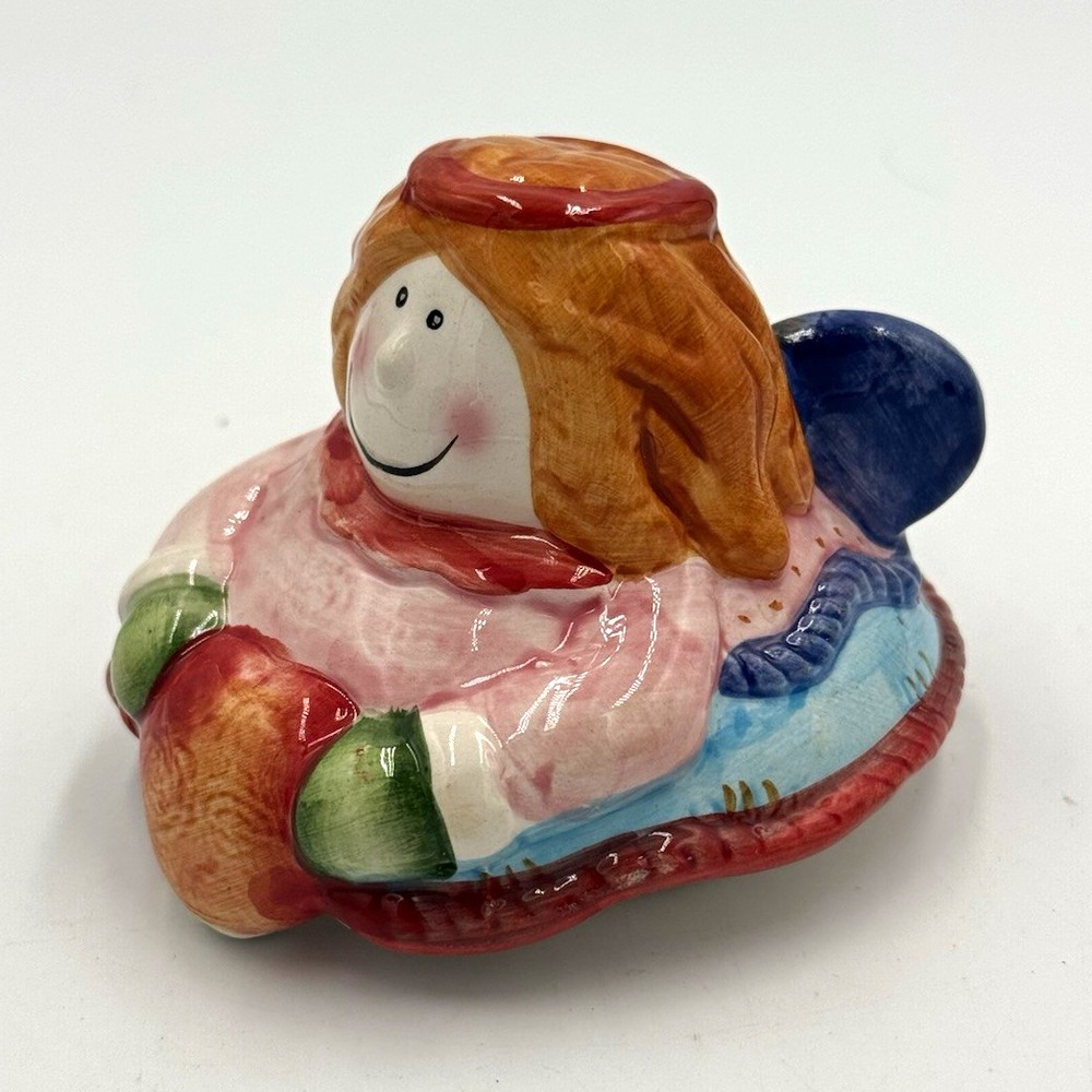 Vintage Glazed Ceramic Angel Figurine Multicolor Small LID ONLY